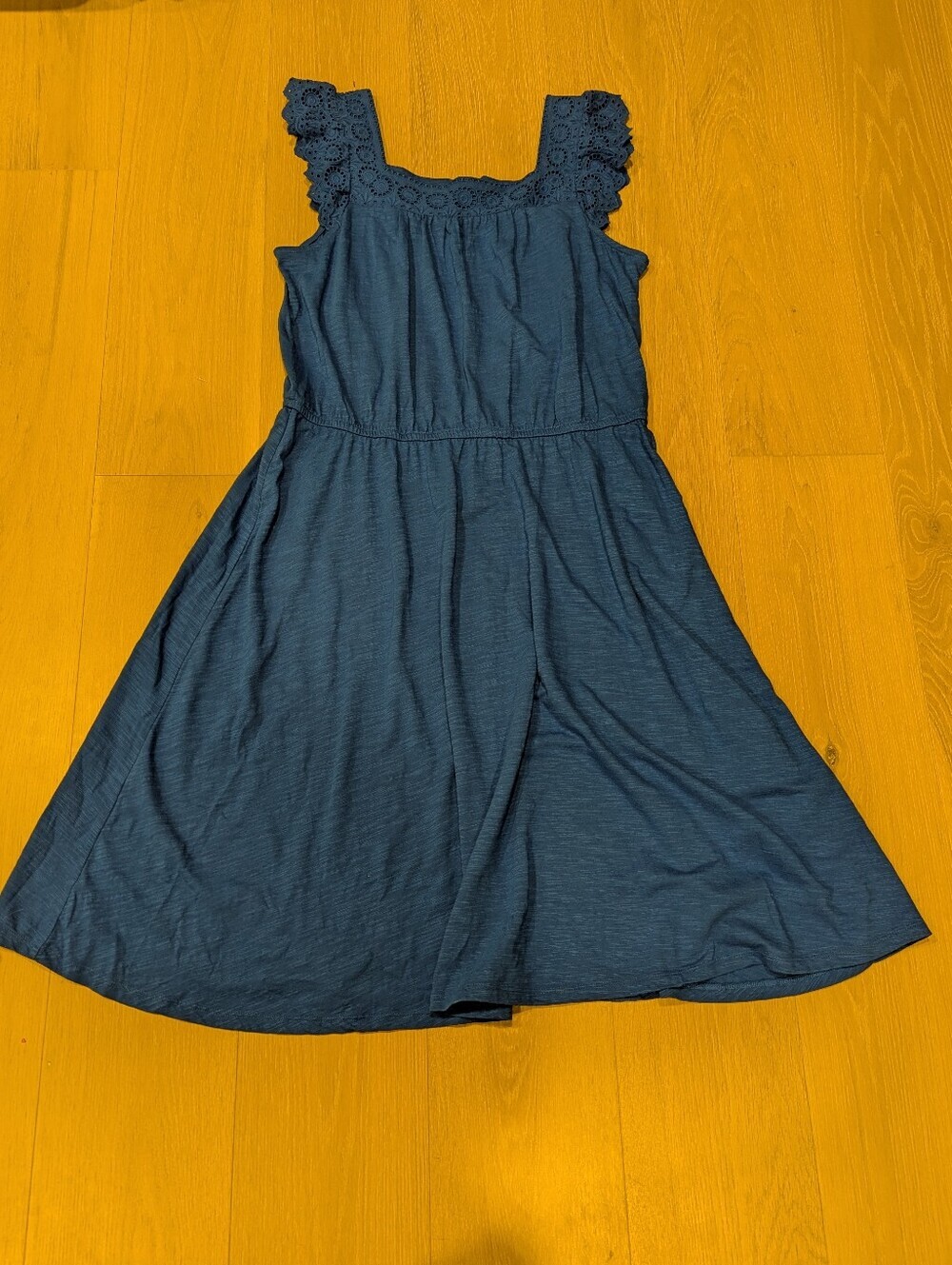 Blue Sleeveless Knit Dress with Lace Trim